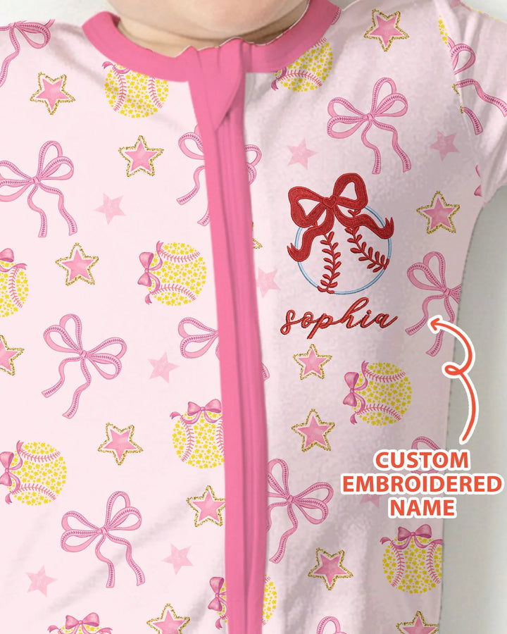 Custom Name Embroidered Softball Bow Baby Bamboo Convertible Zippy