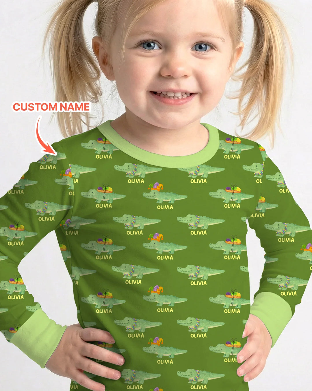 Custom Name Mardi Gras Gator Two Piece Long Sleeve Pajama Set
