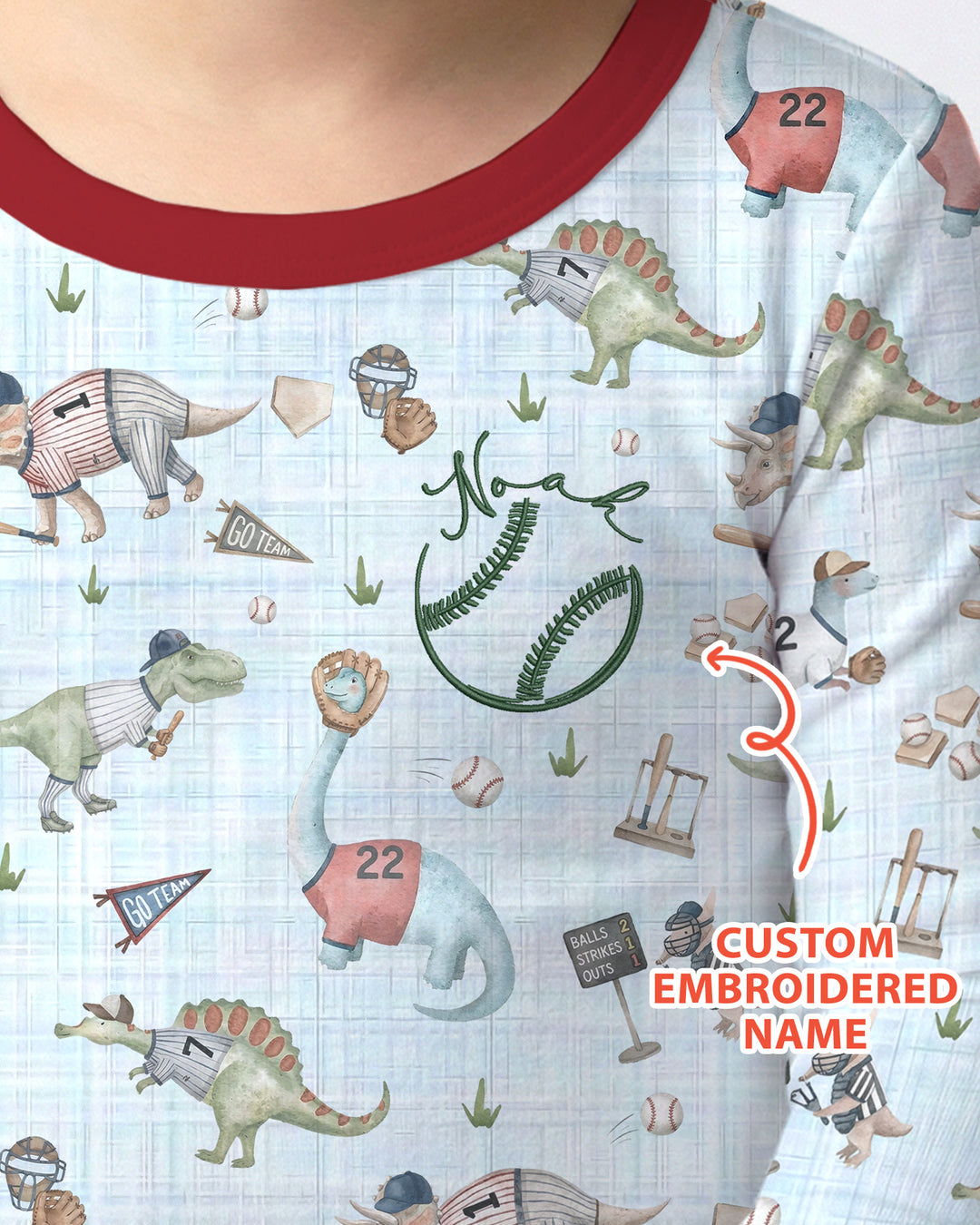 Custom Embroidered Dinosaurs Baseball  Bamboo Two Piece Long Sleeve Pajama Set