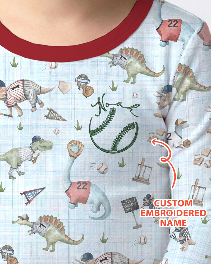 Custom Embroidered Dinosaurs Baseball  Bamboo Two Piece Long Sleeve Pajama Set