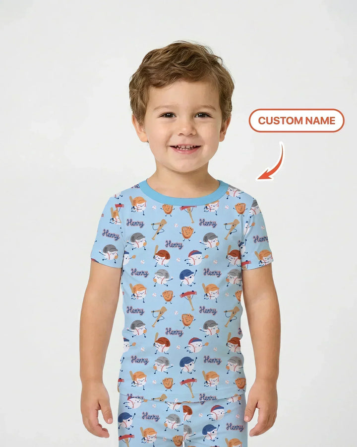 Custom Name Ballparl Family Matching Bamboo Two Piece Short Sleeve Pajama Set