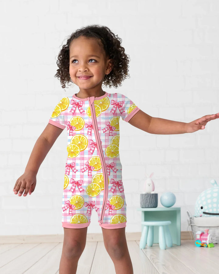 Arco a Cuadros de Limones Rosas - Pijama Corto con Cremallera de Bambú