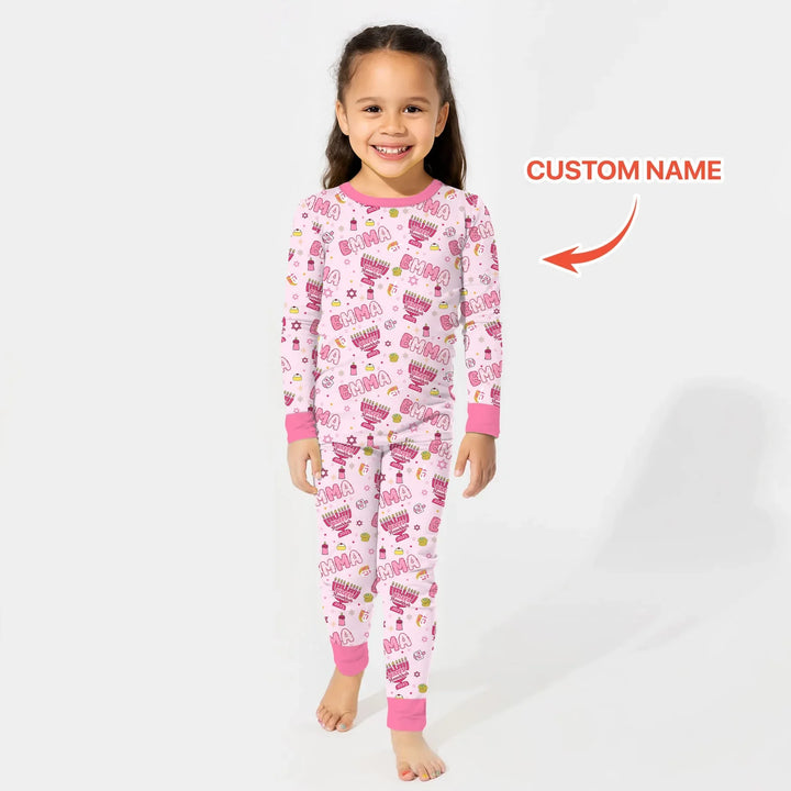 Custom name Happy Hanukkah 2025 Two Piece Long Sleeve Pajama Set