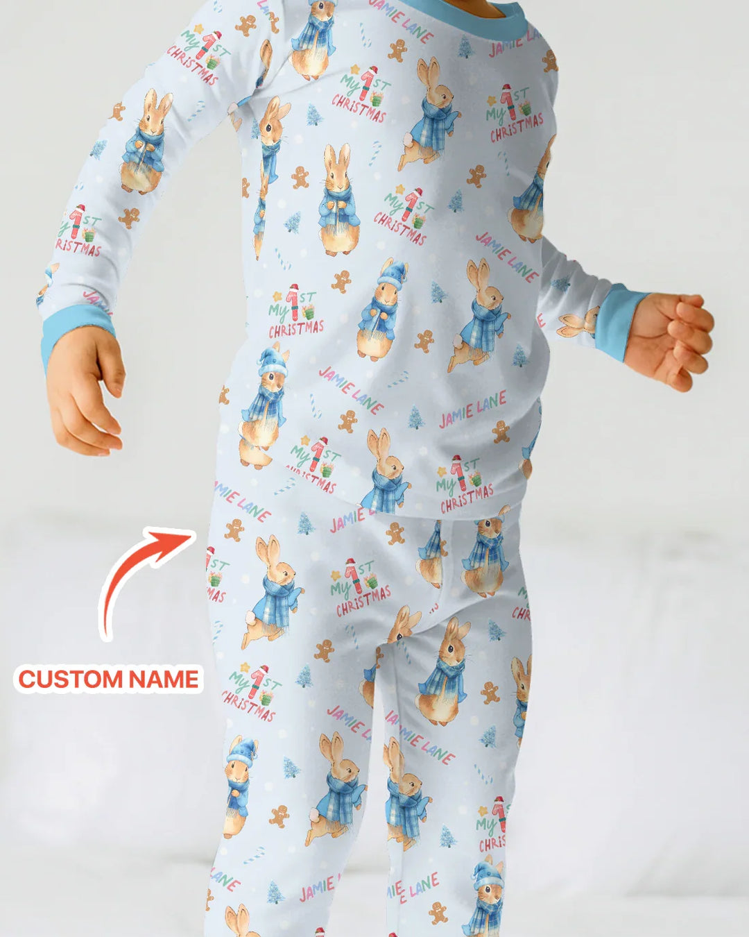 Custom 1st Christmas Rabbit Two Piece Long Sleeve Pajama Set , Custom 1st Christmas Rabbit Two Piece Long Sleeve Pajama Set - 12-18M
