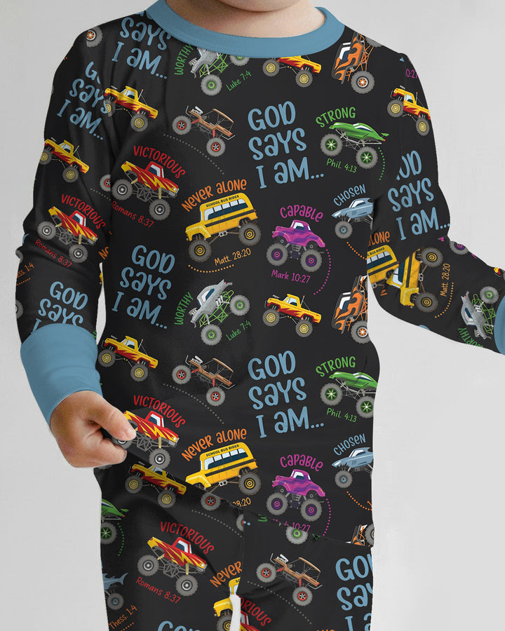God Says I Am Monster Truck Bamboo Two Piece Long Sleeve Pajama Set