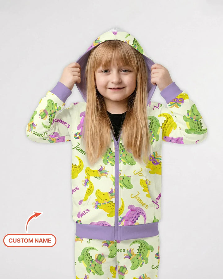 Custom Name Mardi Gras Alligator Bamboo Zip Hoodie