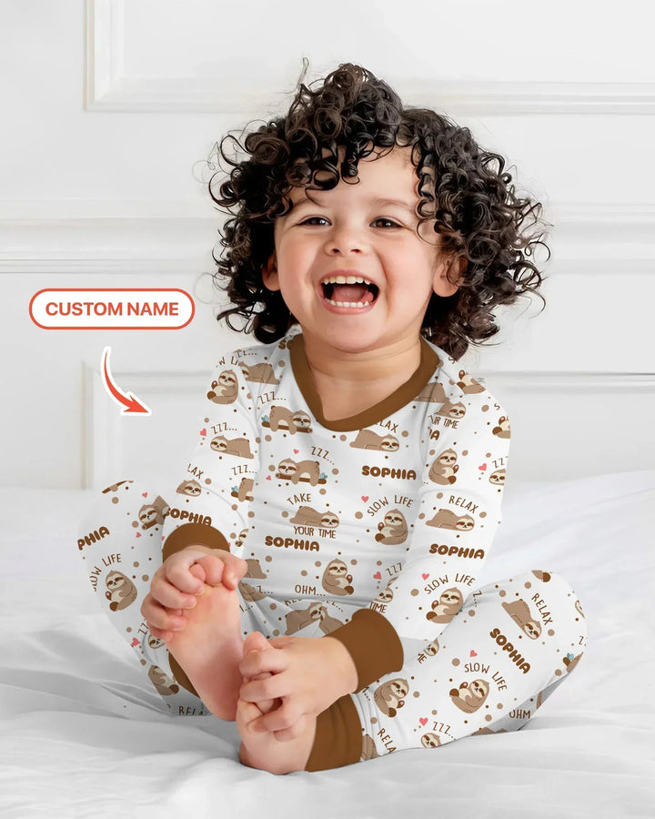 Custom Name Cute Sloth Two Piece Long Sleeve Pajama Set