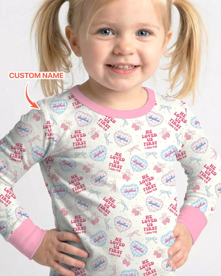 He Loved Us First Custom Name Bamboo Two Piece Long Sleeve Pajama Set