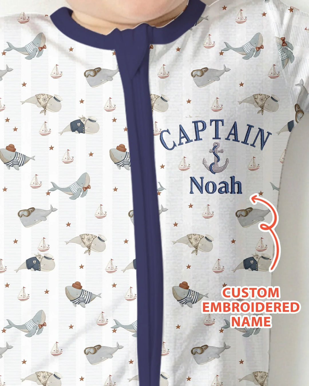 Custom Embroidered Name Little Captain of the Whale Crew Bamboo Convertible Zippy