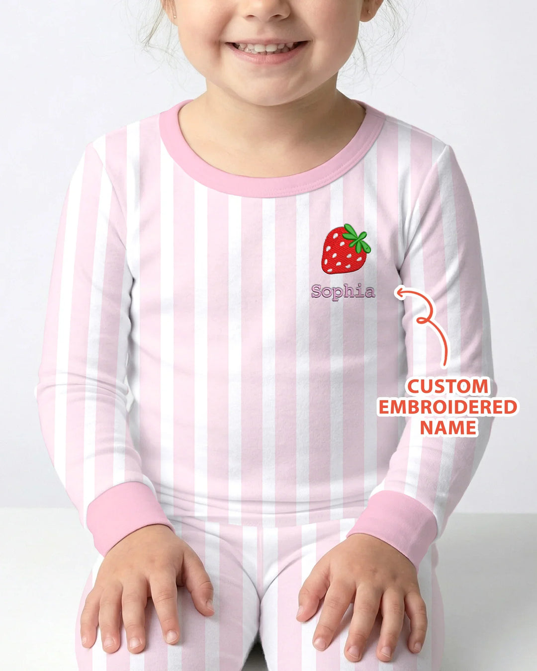 Pijama de dos piezas de bambú rosa con rayas bordado personalizado de manga larga para bebé