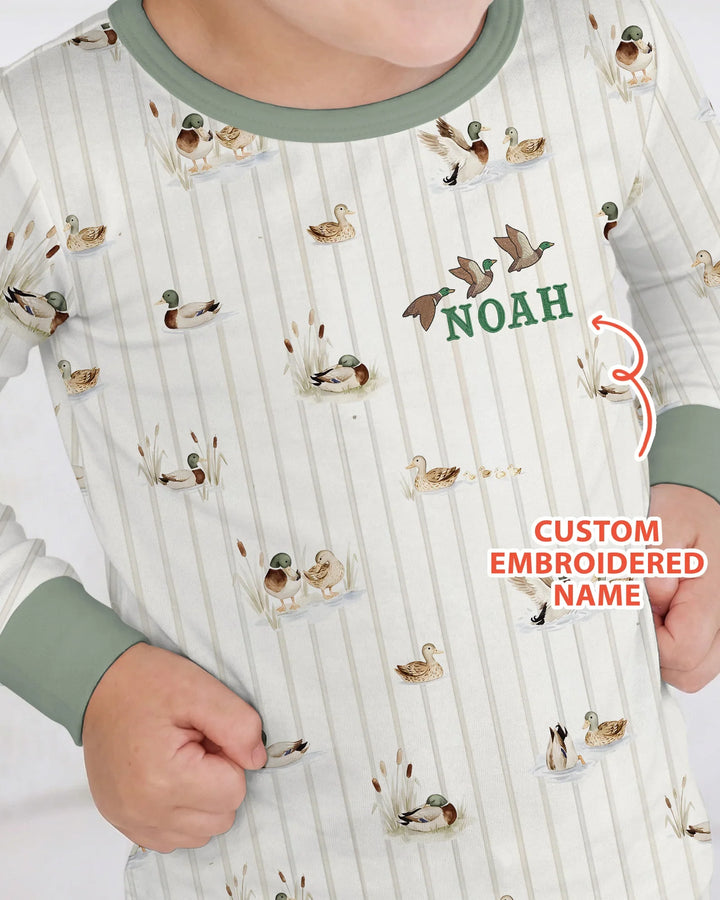 Custom Embroidered Name Mallard Duck  Bamboo Two Piece Long Sleeve Pajama Set