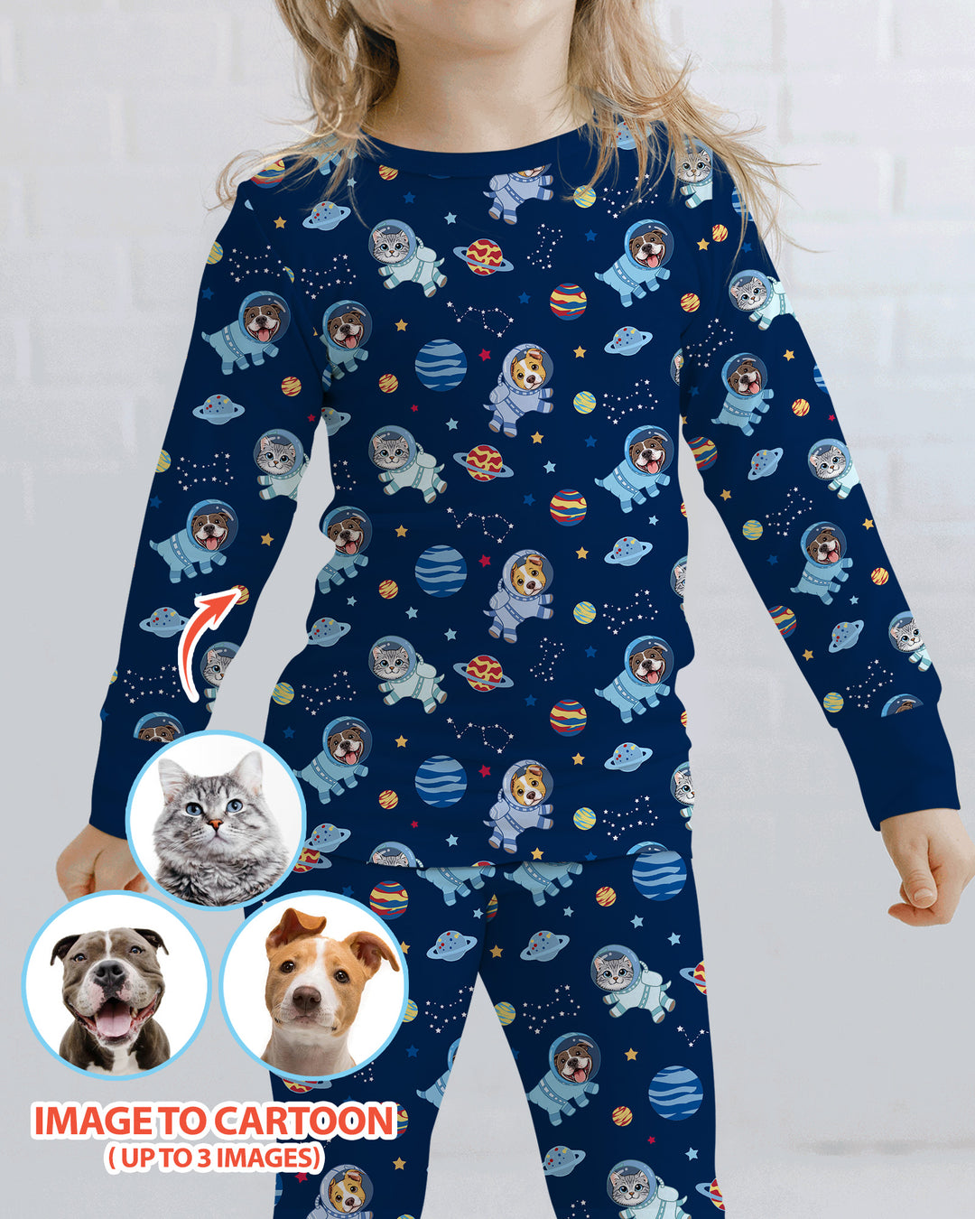 Astronaut Custom Pet Image Family Matching Bamboo Two Piece Long Sleeve Pajama Set