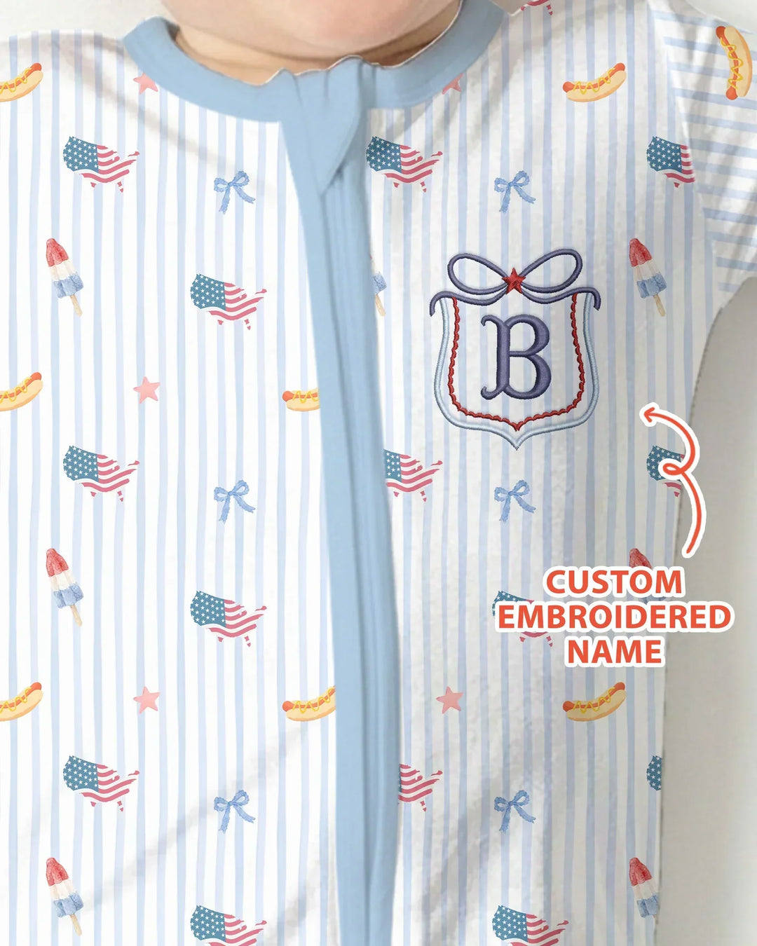 Pijama enterizo convertible de bambú bordado personalizado del 4 de julio