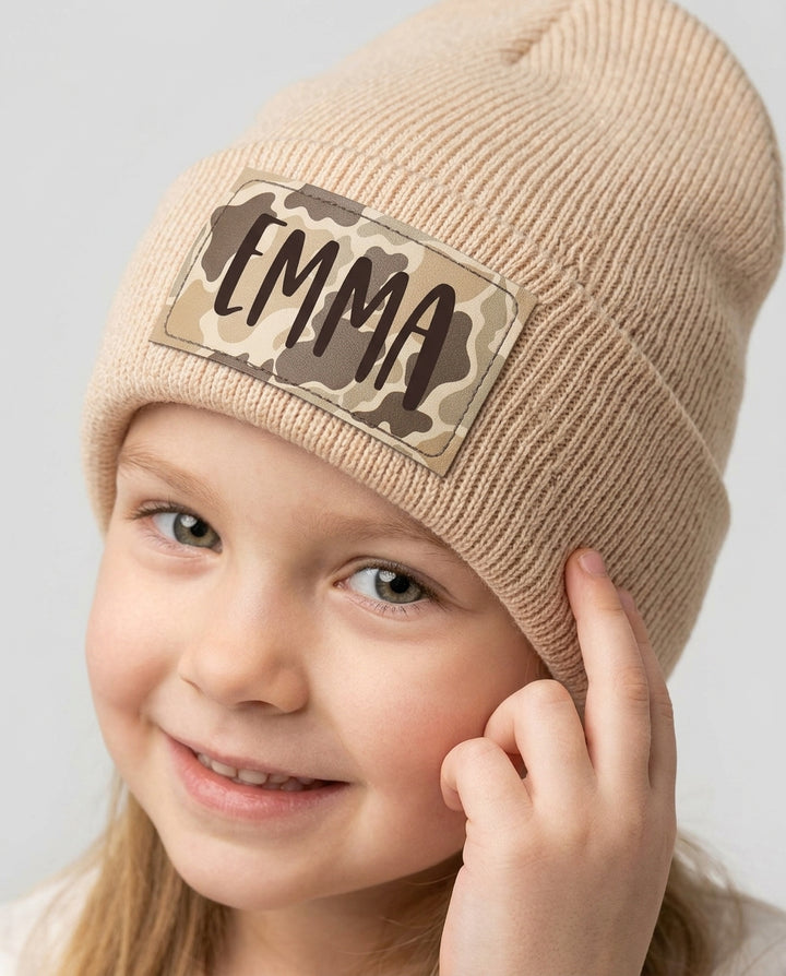 Custom Name Camo Leather Patch Beanie