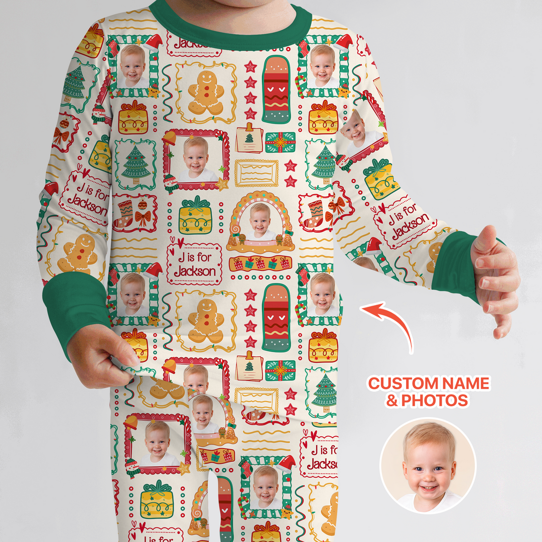 Custom Photo Christmas Frame Custom Name Two Piece Long Sleeve Pajama Set