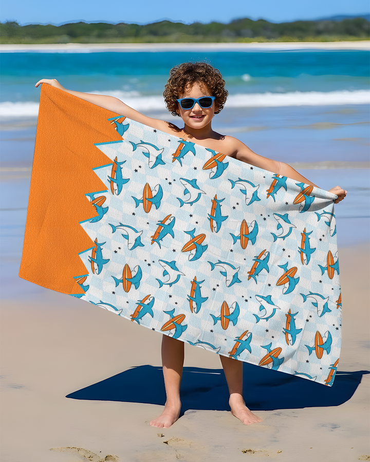 Surfing Sharks Check Bamboo Beach Towel