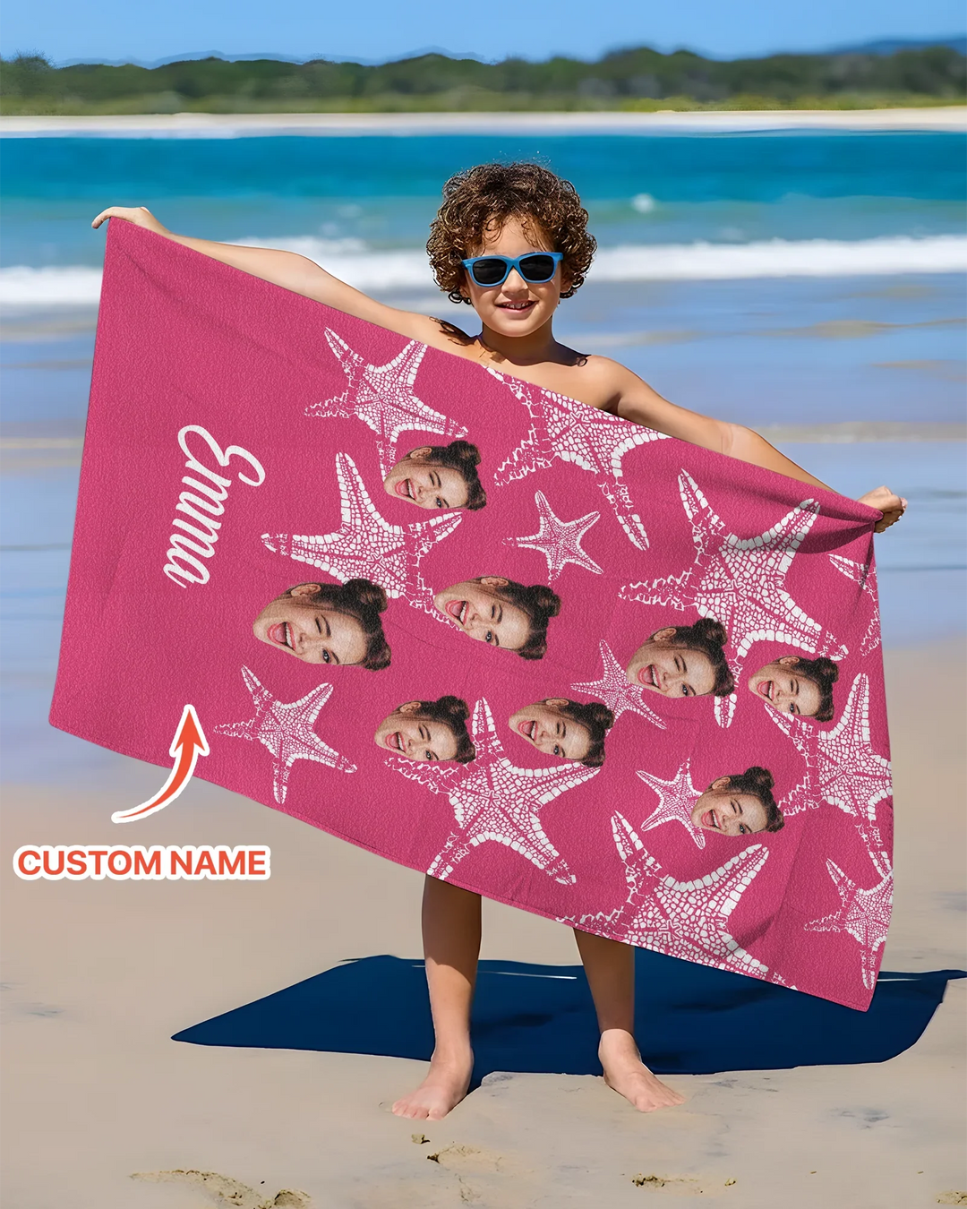 Custom Photo Starfish With Names Bamboo Beach Towel