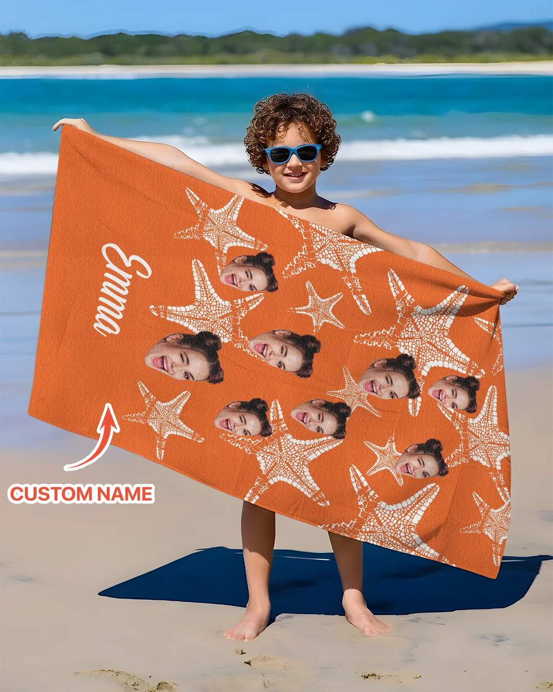 Custom Photo Starfish With Names Bamboo Beach Towel