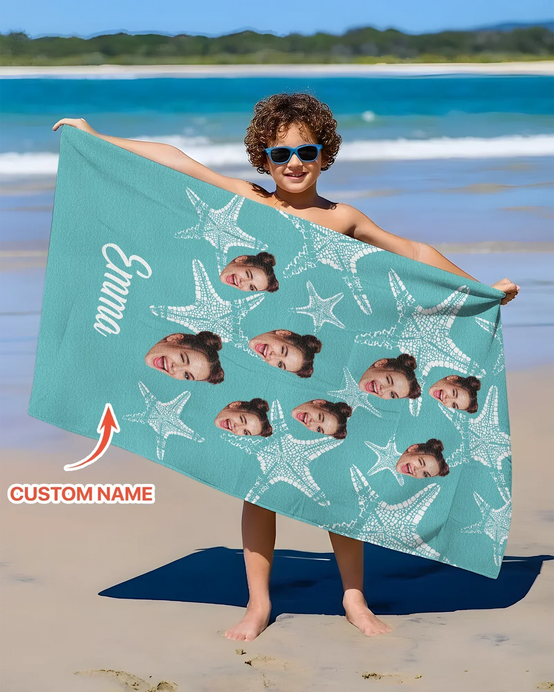 Custom Photo Starfish With Names Bamboo Beach Towel