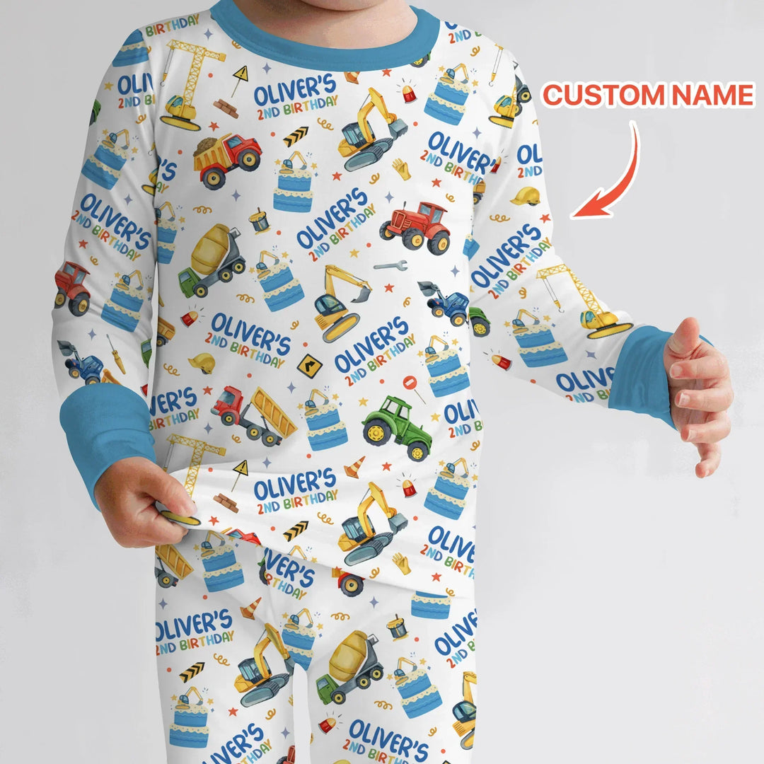 Custom Name Little Builder's Birthday Two Piece Long Sleeve Pajama Set