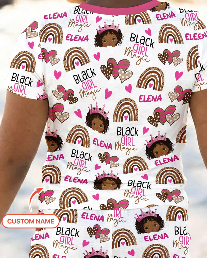 Conjunto de pijama de dos piezas de bambú con shorts y manga corta "Black Girl Magic" con nombre personalizado