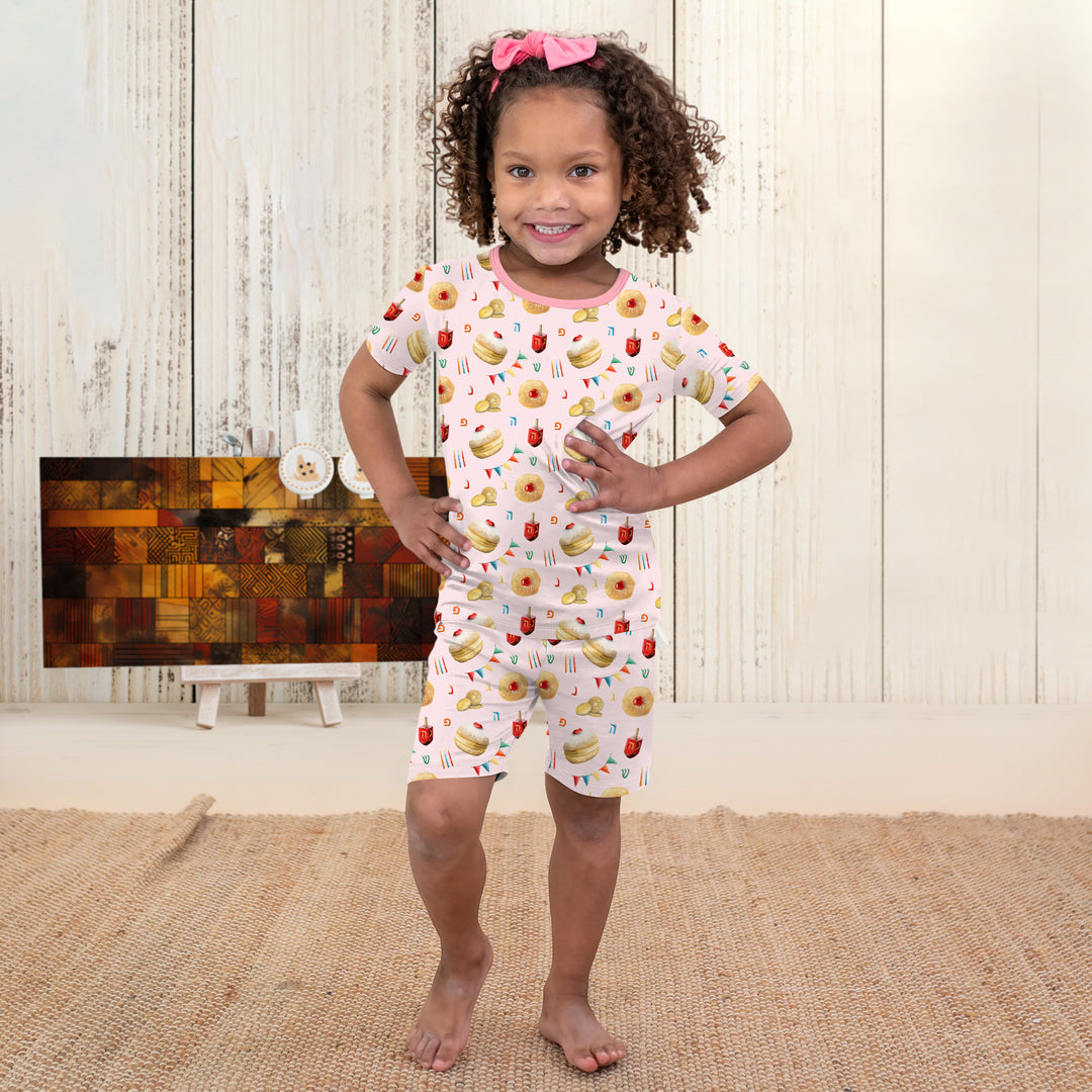 Hanukkah Donuts Two Piece Short Sleeve Shorts Pajama Set , Hanukkah Donuts Two Piece Short Sleeve Shorts Pajama Set - 12-18M / Blue