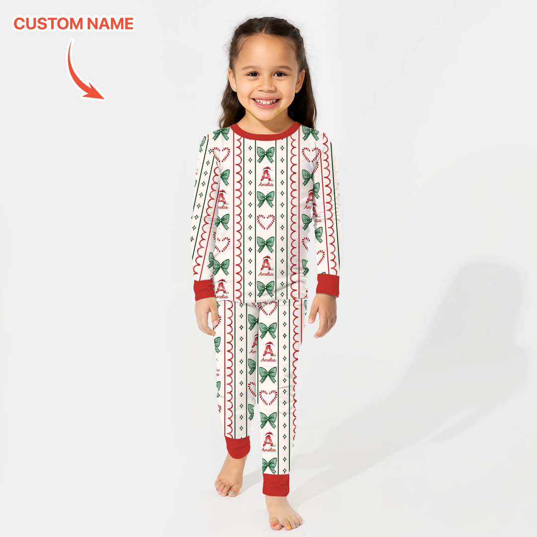 Custom Name Christmas Stripes Two Piece Long Sleeve Pajama Set