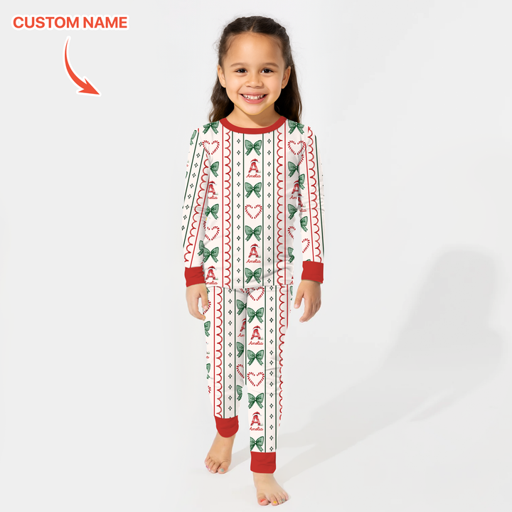 Custom Name Christmas Stripes Two Piece Long Sleeve Pajama Set
