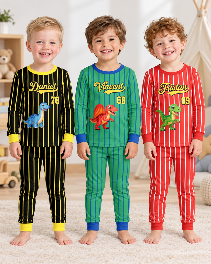 Personalized Retro Stripe Dinosaur T-Rex Bamboo Two Piece Long Sleeve Pajama Set
