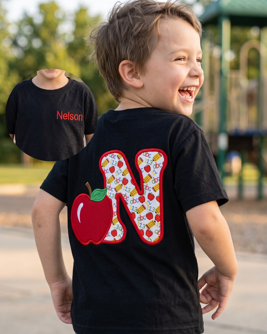 Custom Name Apple ABC Applique Embroidered Bamboo Crewneck T-Shirt