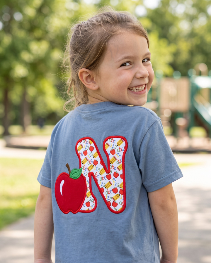 Custom Name Apple ABC Applique Embroidered Bamboo Crewneck T-Shirt
