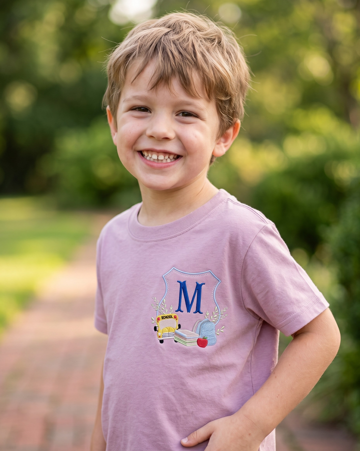 Custom Initial School Crest Embroidered Bamboo Crewneck T-Shirt