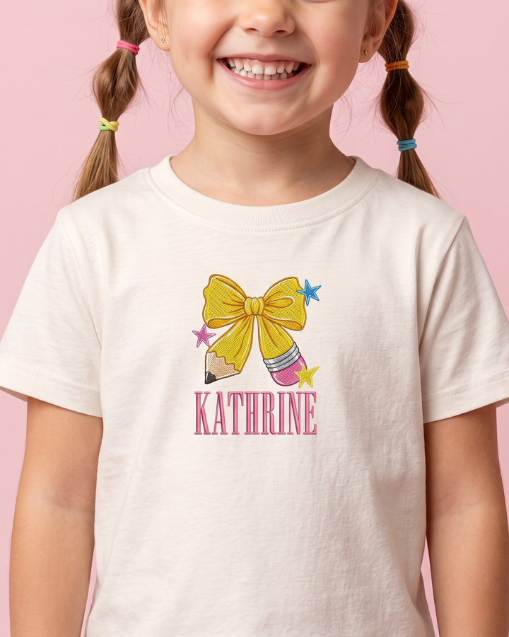 Custom Name Coquette Bow Pencil Embroidered Bamboo Crewneck T-Shirt