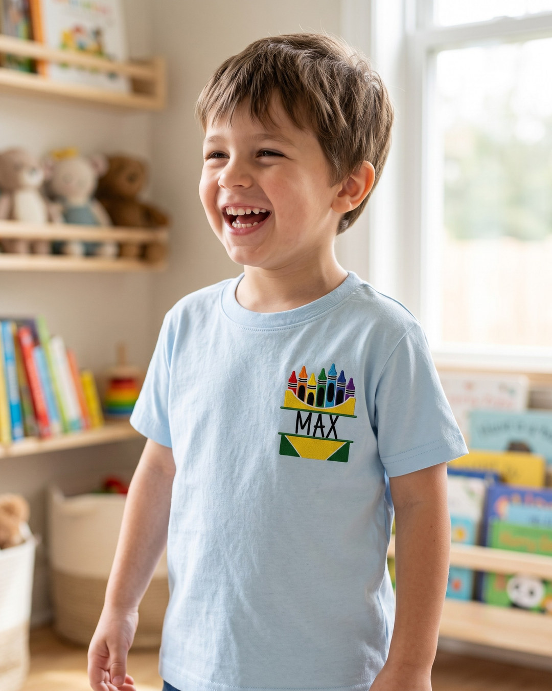 Custom Name Crayon Box Embroidered Bamboo Crewneck T-Shirt