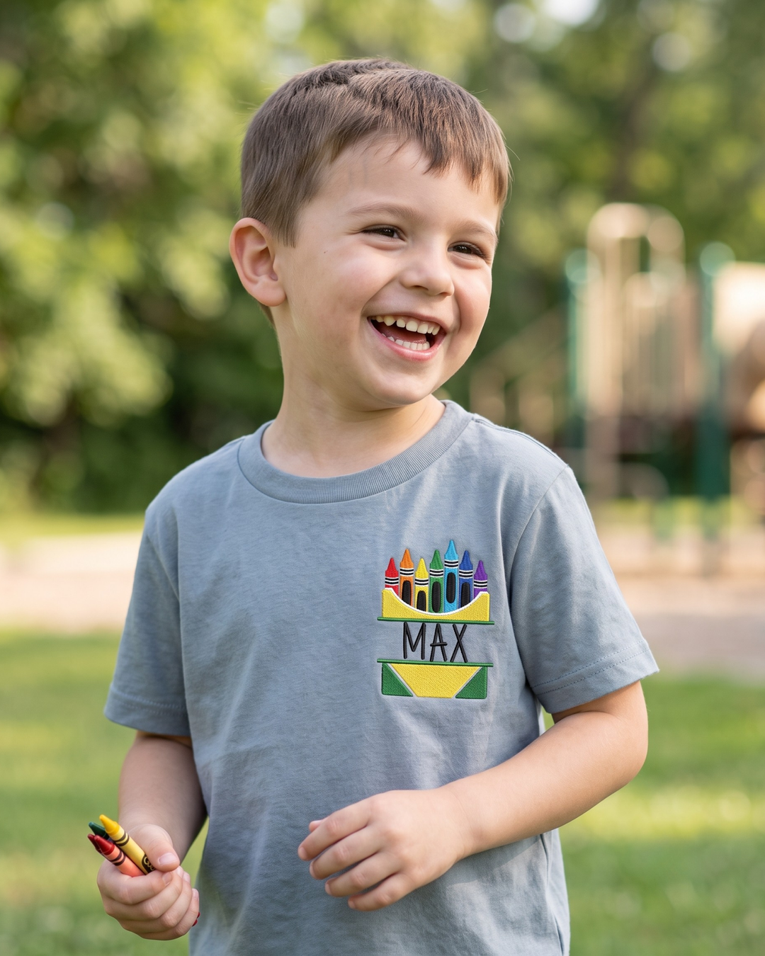 Custom Name Crayon Box Embroidered Bamboo Crewneck T-Shirt