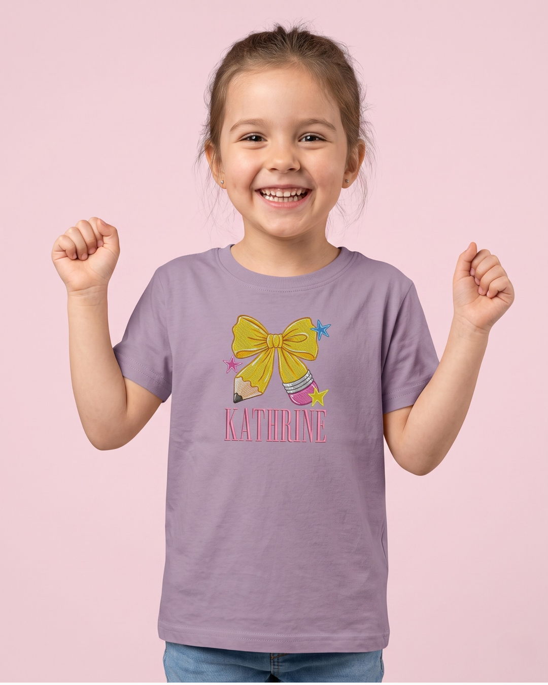 Custom Name Coquette Bow Pencil Embroidered Bamboo Crewneck T-Shirt