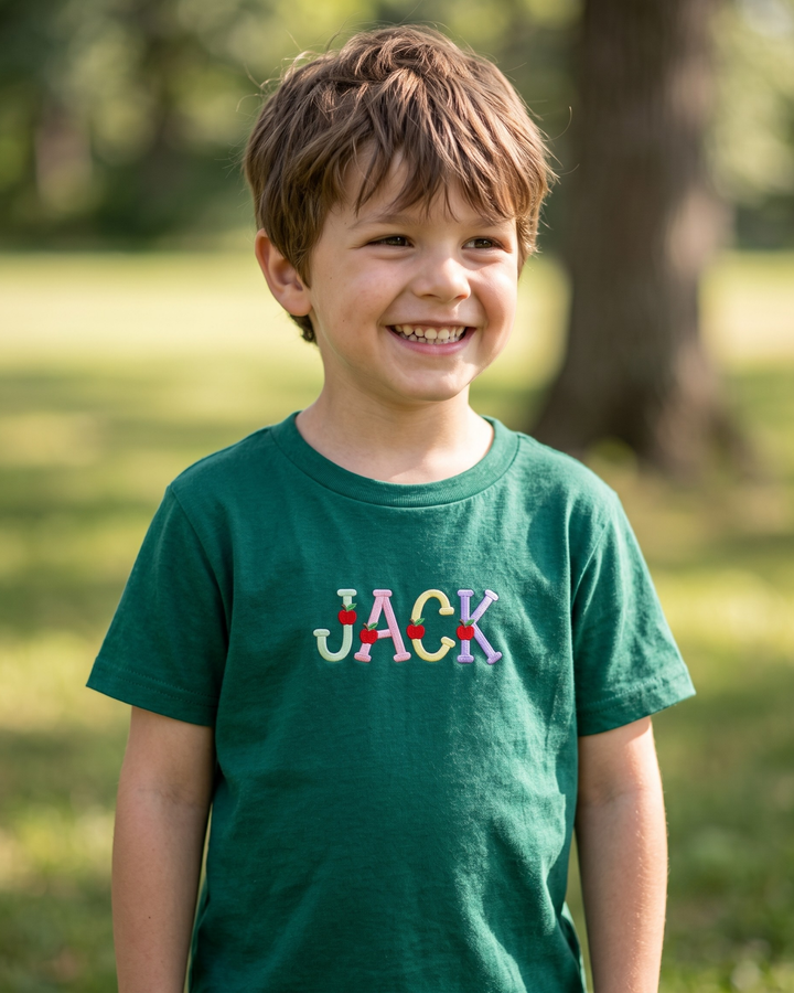 Custom Name Color Apple Alphabet Embroidered Bamboo Crewneck T-Shirt