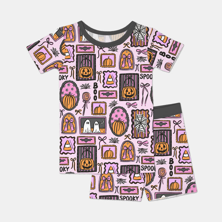Spooky Frames Two Piece Short Sleeve Shorts Pajama Set For Halloween