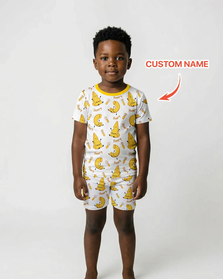 Conjunto de pijama de dos piezas de bambú de manga corta con pantalones cortos y nombre personalizado "Mac & Cheese Club"