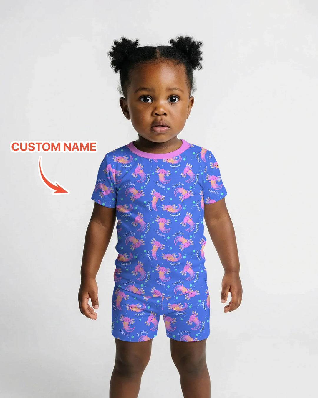 Conjunto de pijama de dos piezas de bambú con nombre personalizado de Axolote que brilla en la oscuridad, de manga corta y pantalón corto