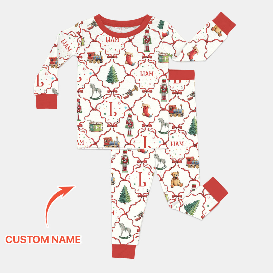 Vintage Christmas Toy Custom Name Boy Two Piece Long Sleeve Pajama Set