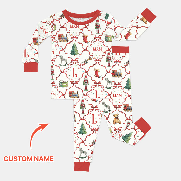 Vintage Christmas Toy Custom Name Boy Two Piece Long Sleeve Pajama Set