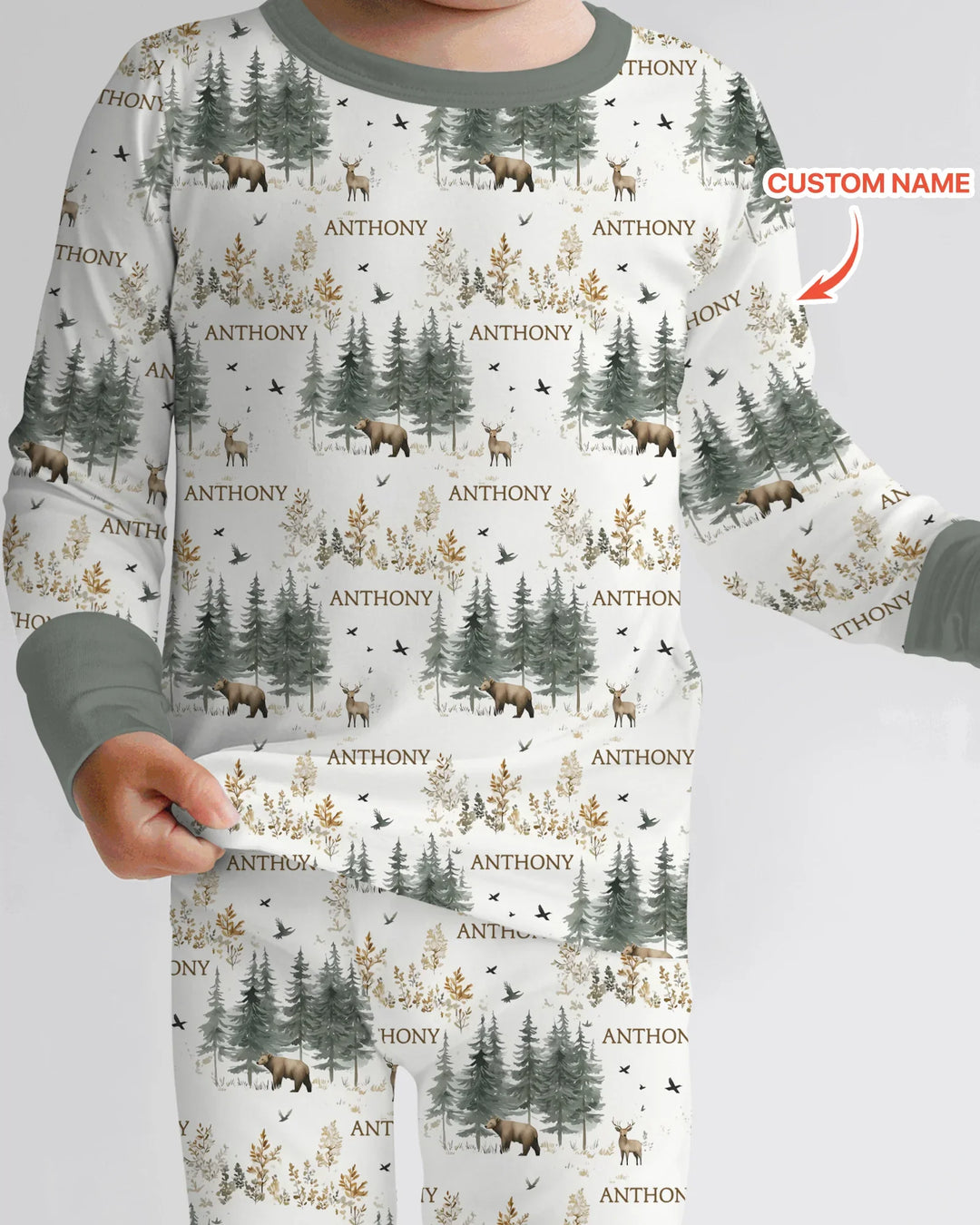 Custom Name Forest Bear Deer Bamboo Two Piece Long Sleeve Pajama Set