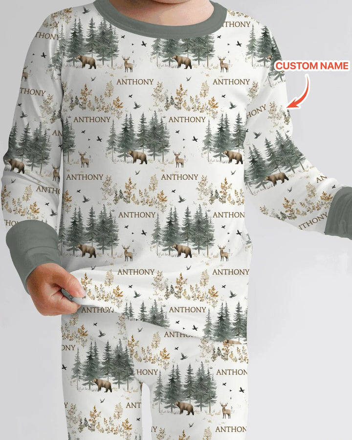 Custom Name Forest Bear Deer Bamboo Two Piece Long Sleeve Pajama Set