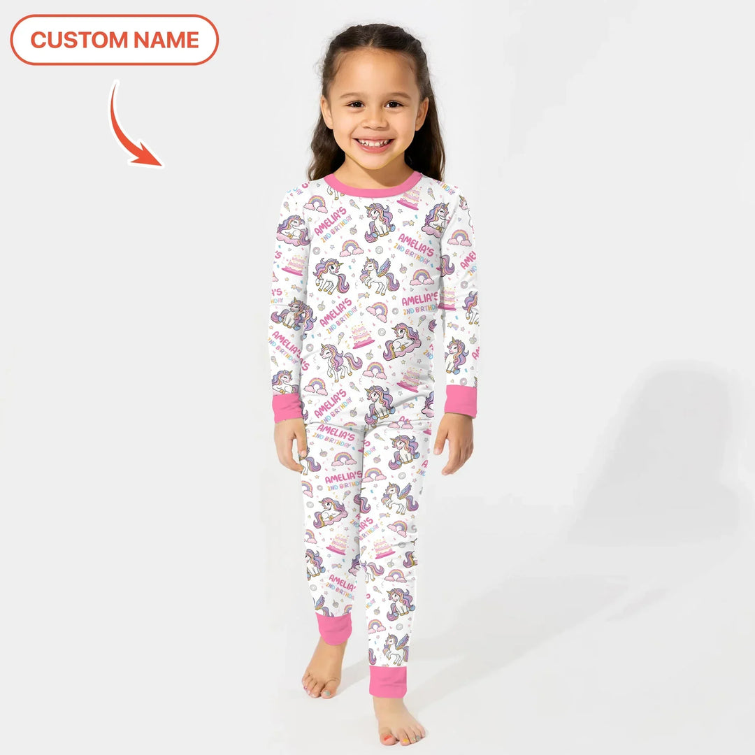 Custom Name Little Unicorn's Birthday Two Piece Long Sleeve Pajama Set