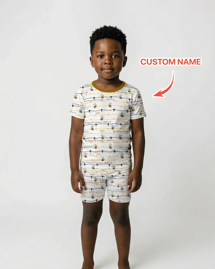 Bee Strong And Courageous Custom Name Bamboo Two Piece Short Sleeve Shorts Pajama Set