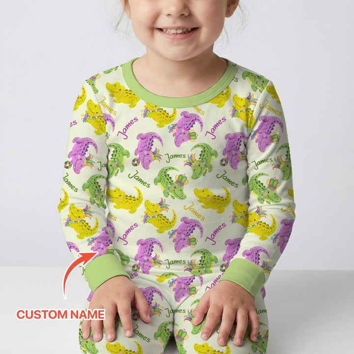 Custom Name Mardi Gras Alligator Two Piece Long Sleeve Pajama Set