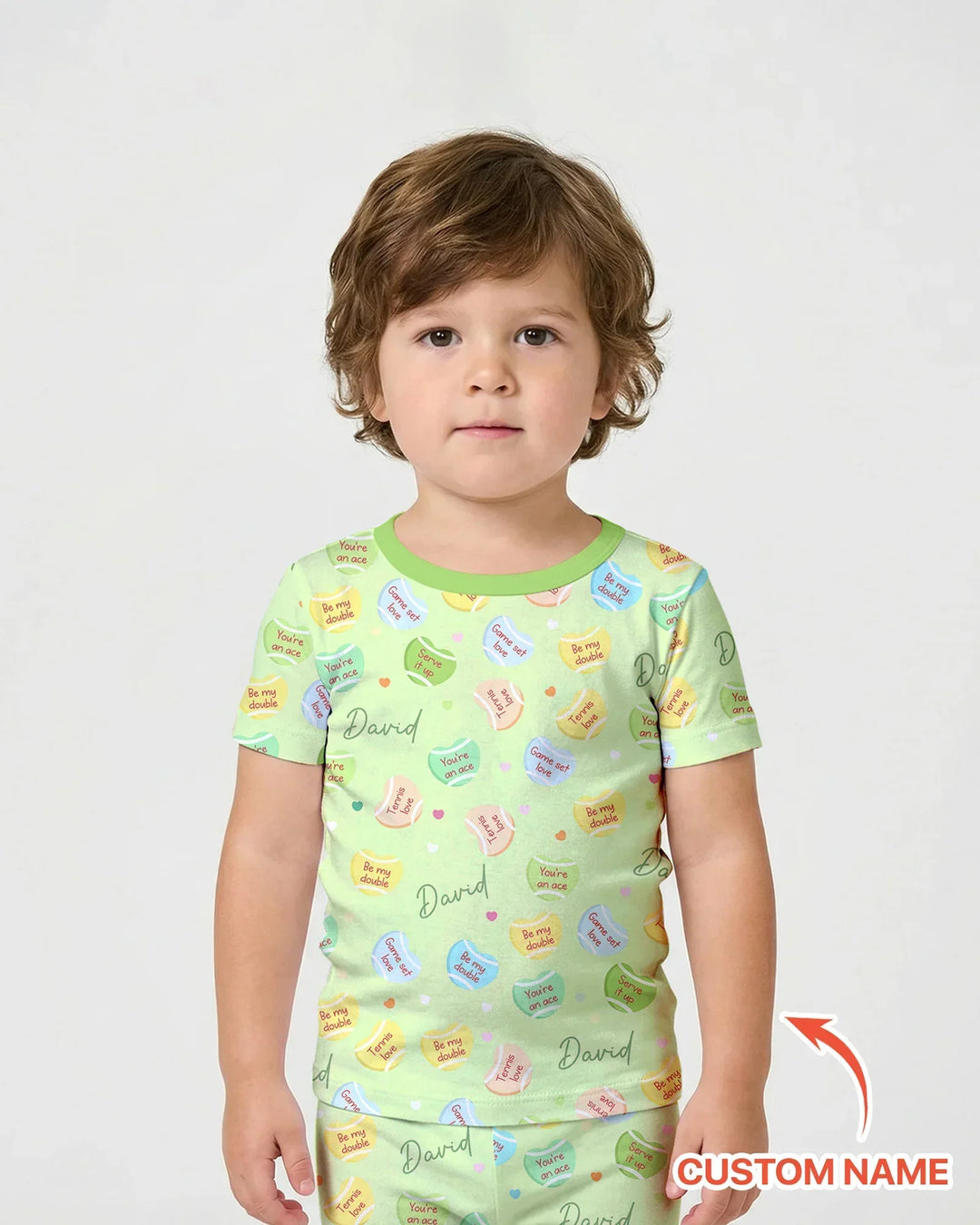 Custom Name Tennis Candy Hearts Bamboo Two Piece Short Sleeve Shorts Pajama Set