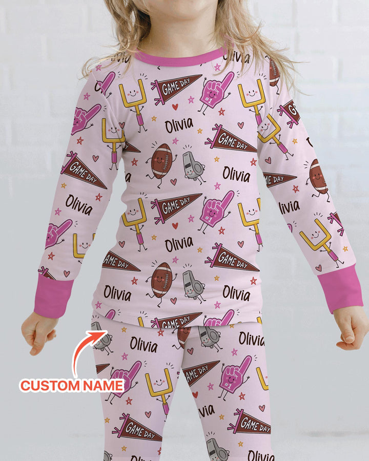 Custom Name Football Game Day Bamboo Two Piece Long Sleeve Pajama Set