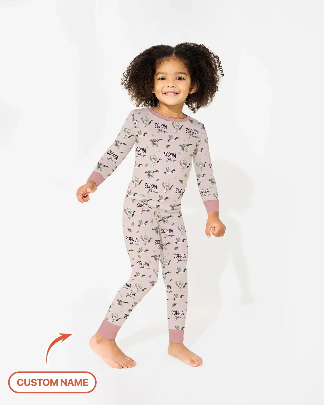 Pijama de dos piezas de bambú de manga larga para bebé con nombre personalizado, diseño de pato ánade real